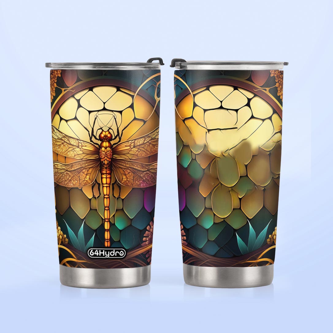 Dragonfly Golden Topaz Crystal Mosaic HTRZ07090903KB Stainless Steel Tumbler